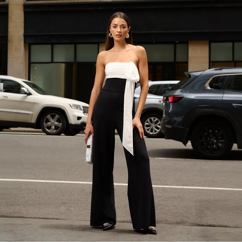 Adrianna Papell Strapless Bow Jumpsuit Black White Cocktail NWT SZ 14 GALA PARTY